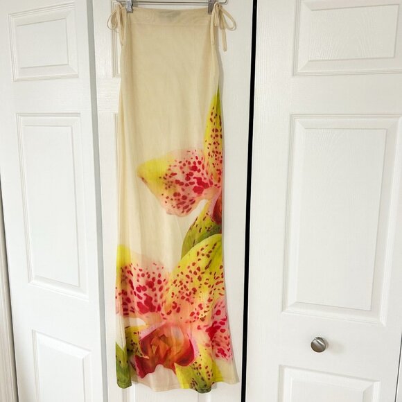 Murci Mesh Maxi Beach Skirt Floral Print Sheer Cover Up White Yellow Pink 2 - Picture 3 of 7
